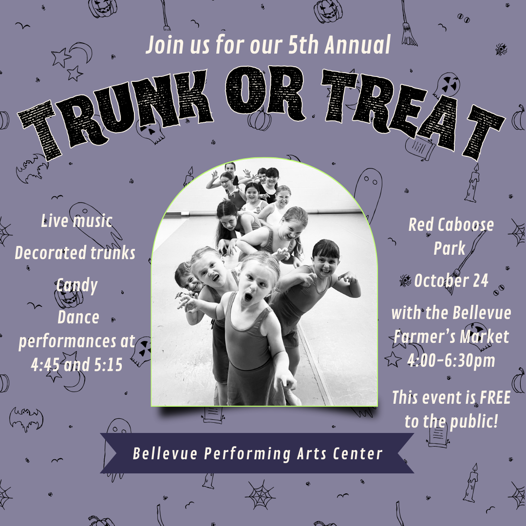 Trunk or Treat at the Bellevue Farmers Market Ad with students from BellePAC acting "scary"!